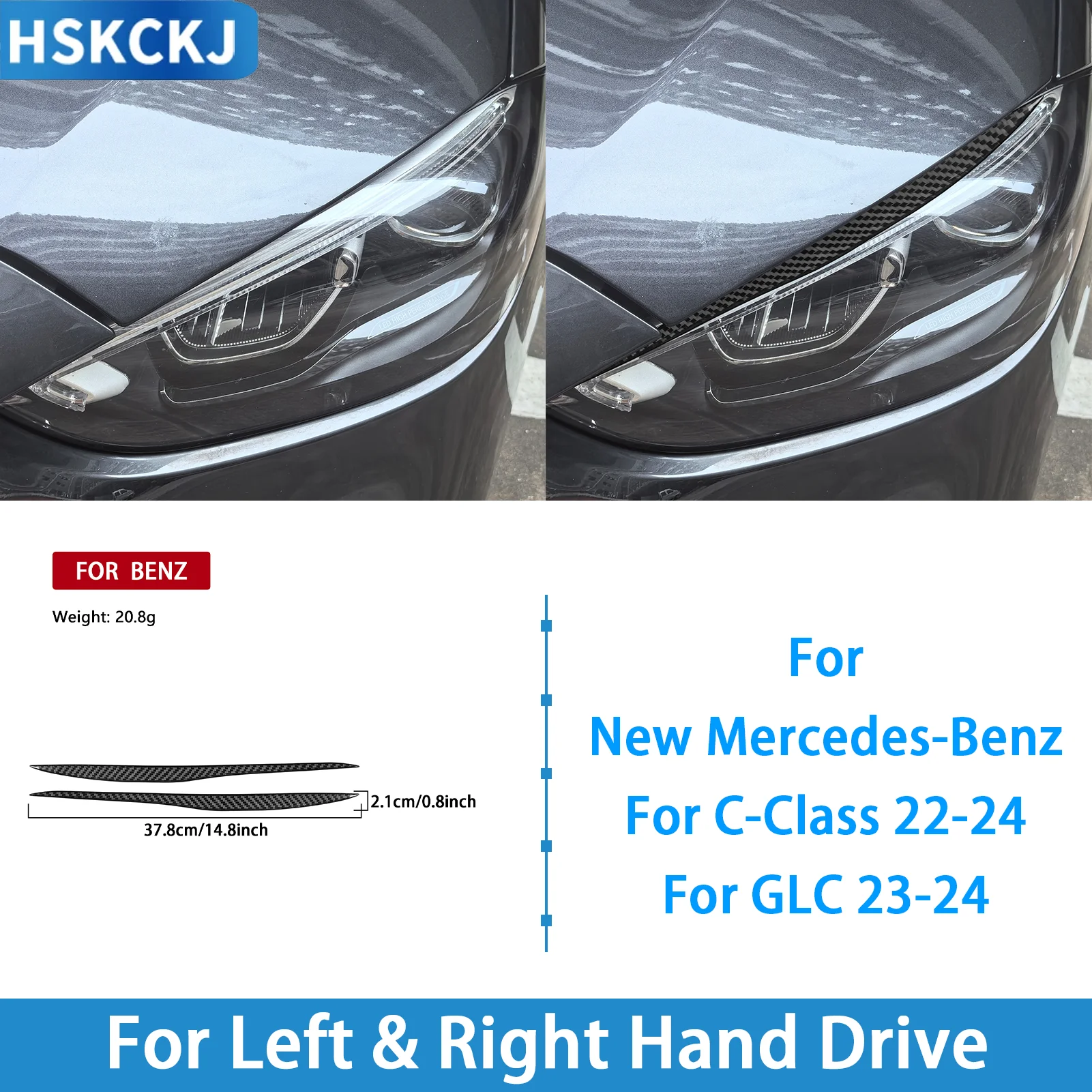 For Mercedes-Benz C-Class 22-24 GLC 23-24 Carbon Fiber Front Headlight Eyebrow Lid 2PCS Car Interior Decoration Styling Sticker