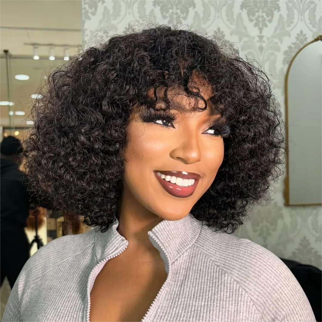 

Короткий вьющийся парик из человеческих волос с челкой Медовый блондин Мелирование Перуанская волна воды Пикси Стрижка Боб Парик Надувные волнистые парики