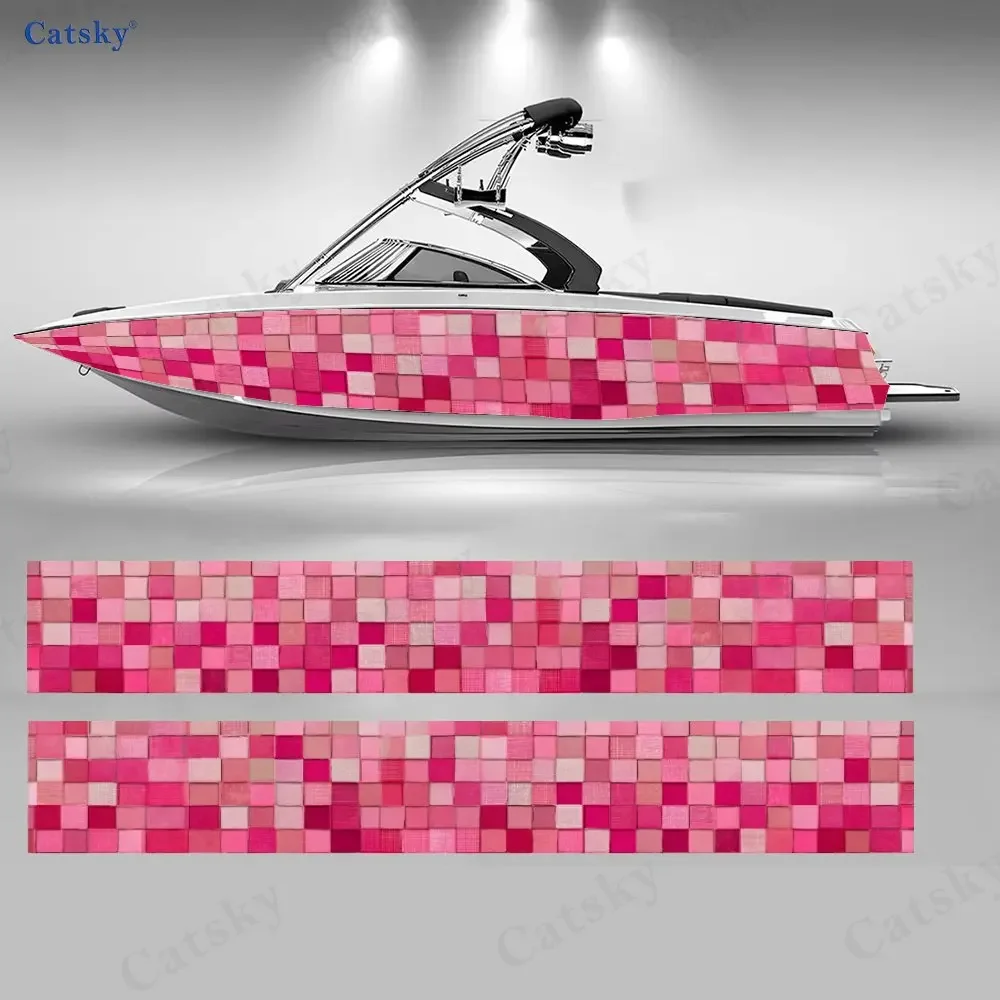 2Pcs Pink Checkerboard Boat Hull Decal, Fresh & Vibrant Water-Resistant Sticker for Recreational Boats, Colorful Grid Design