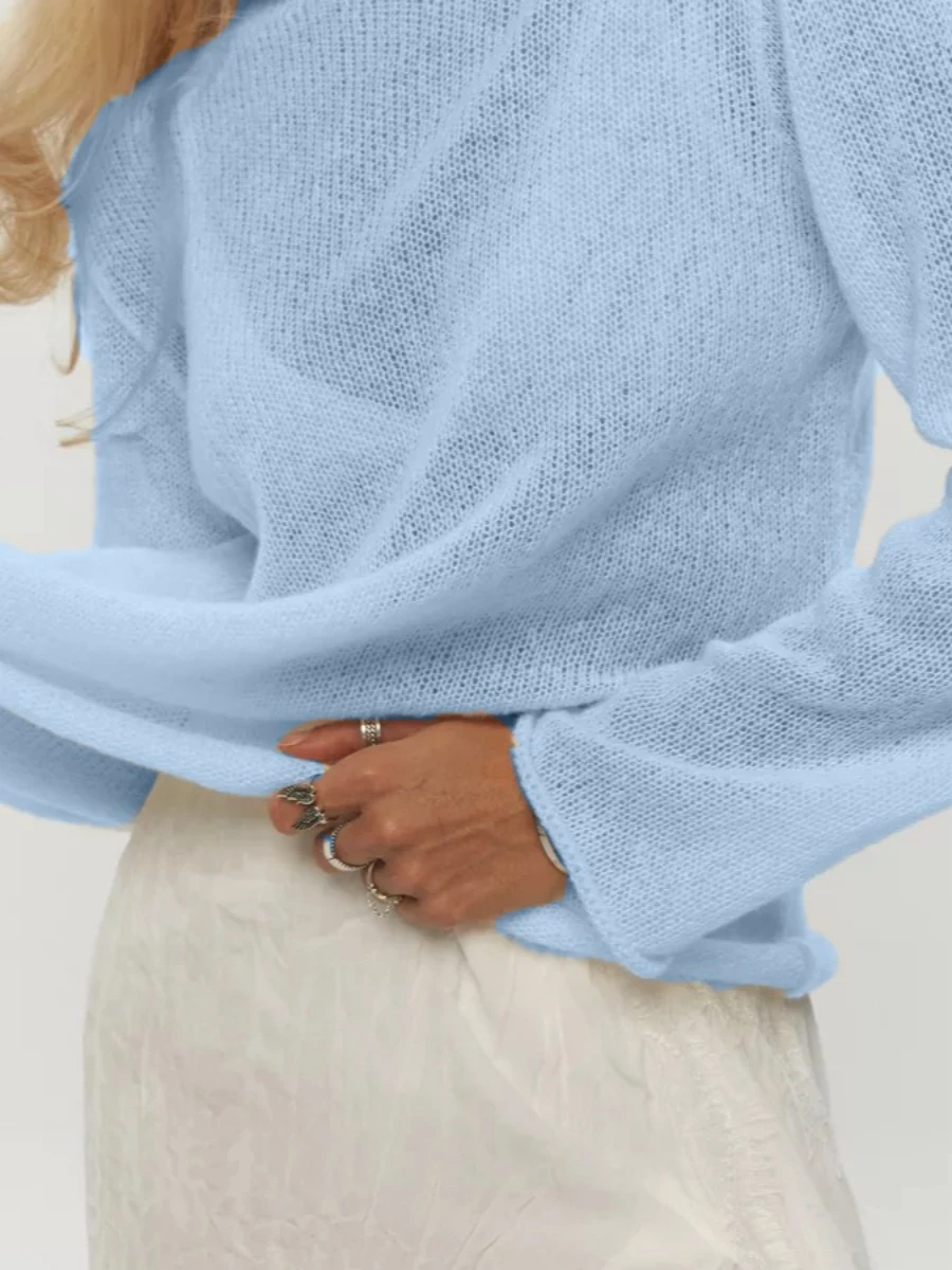 Blubelle Autumn New Women's  Hollow-out Sweater Ins Style Soft Loose Sheer Sexy Knitted Long Sleeve Layering Top