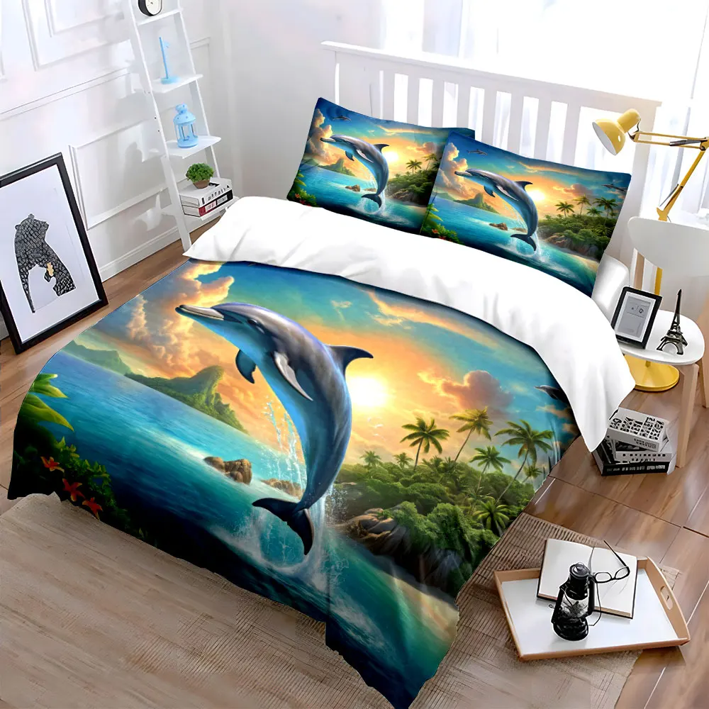Dolphin leaping with tropical scenery Bedding Set for Kids Luxury Gift 3pcs Digital Print Comforter Set Soft Comfortable