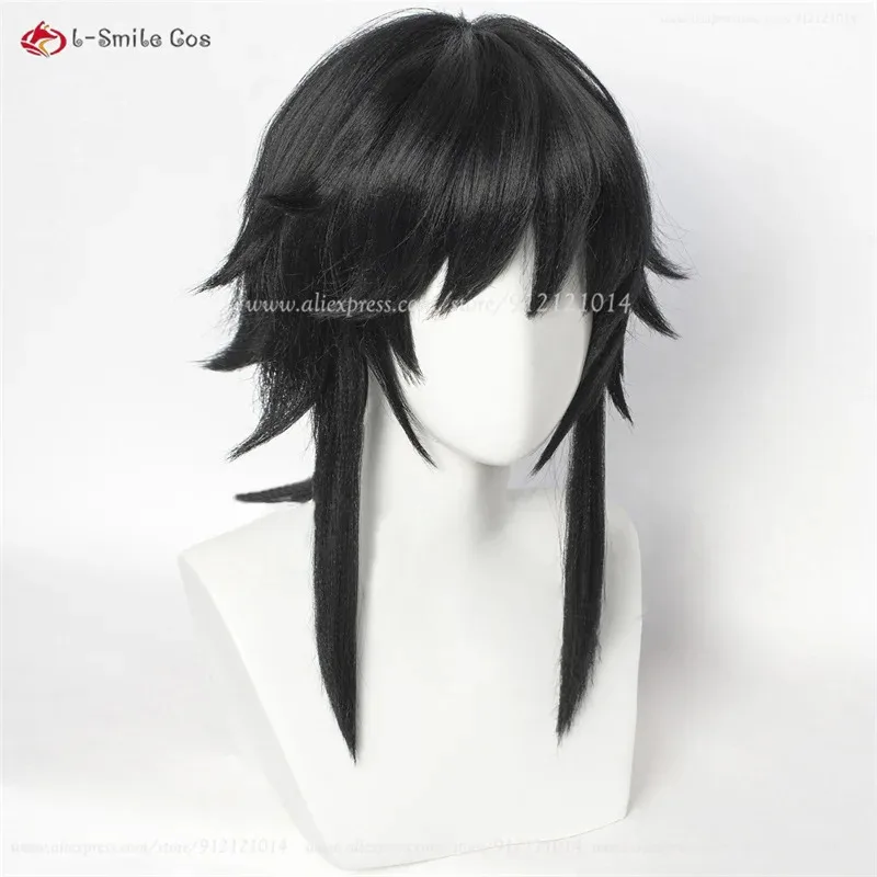 

DY20Anime Tomioka Giyuu Cosplay Wigs 40cm Long Black Fluffy Men Wig Heat Resistant Synthetic Hair Halloween Cosplay Wigs + Wig C
