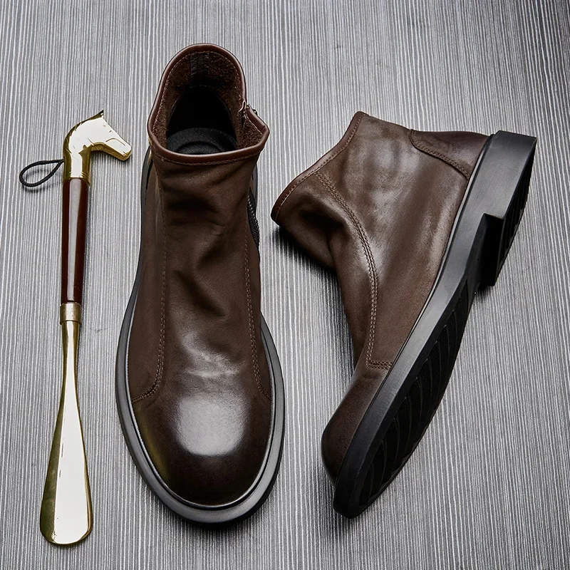 Warm Mens Genuine Leather Boots Retro British Trend Luxury Handmade Quality 2025 Winter Black Cow Suede Wedding Party Shoes Man