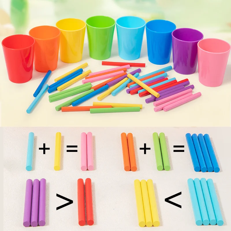 Palo de Conteo con tazas de clasificación a juego Montessori para niños, aritmética de aprendizaje preescolar y ayudas de enseñanza de entrenamiento cognitivo de Color