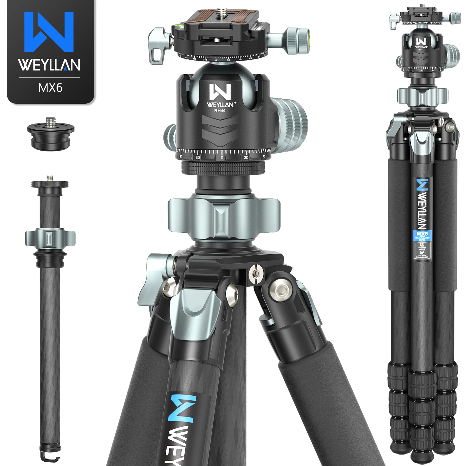 

Weyllan MX6 New Update Professional Carbon Fiber Tripod 66.1inch Max Load 55lbs Low Angle Shooting 2-in-1 tripod for DSLR Camera