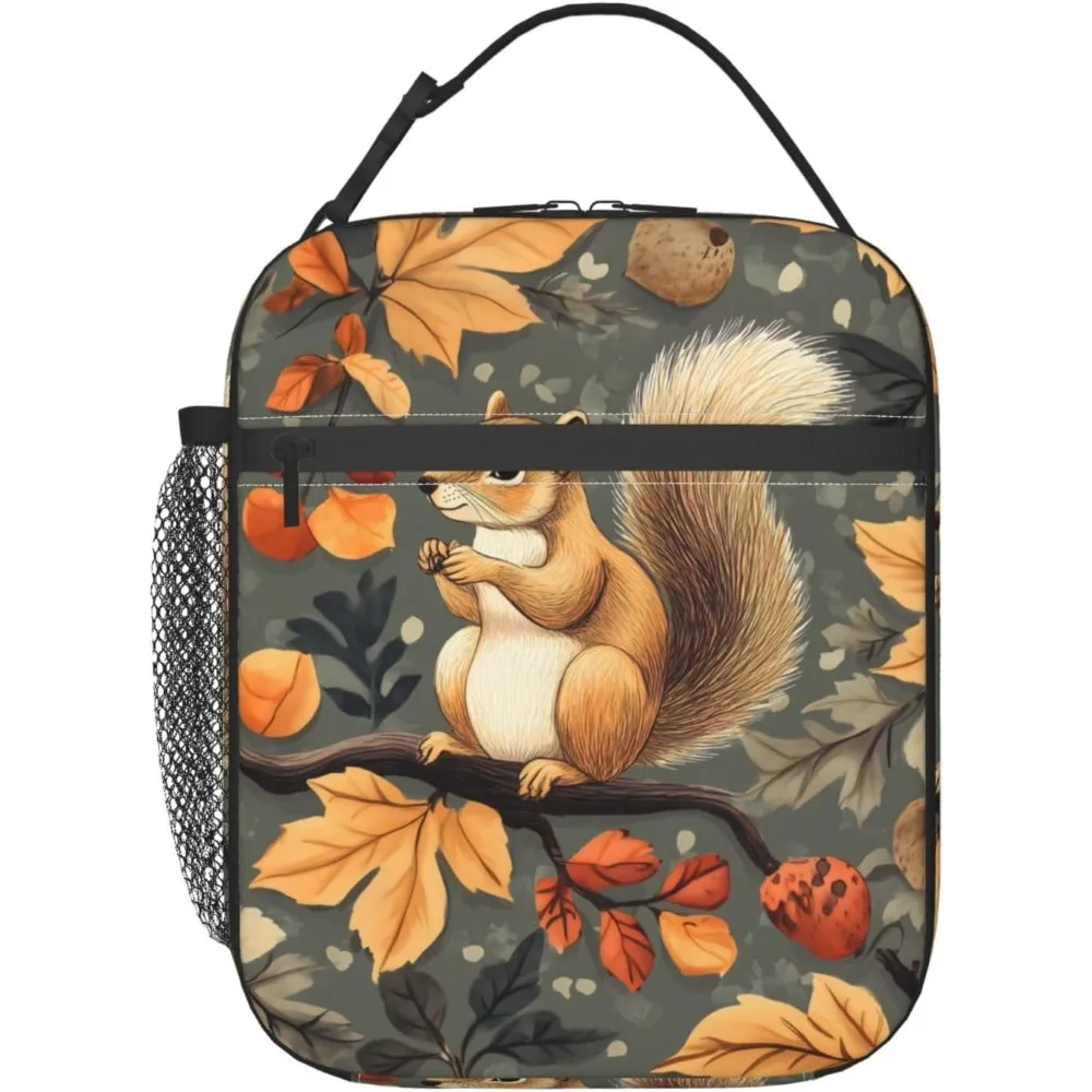 Squirrel Fall Lunch Box For Kids Girls Boys Women Adult, Insulated Autumn Leaves Woodland Lunch Bag,Polyester Cooler