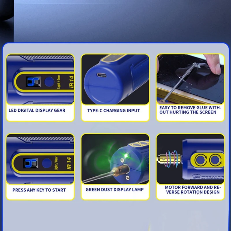 Molinillo de corte eléctrico IR14, removedor de pegamento OCA para pantalla de teléfono móvil, soporta hacia adelante y hacia atrás, 4 engranajes, ajustable, azul