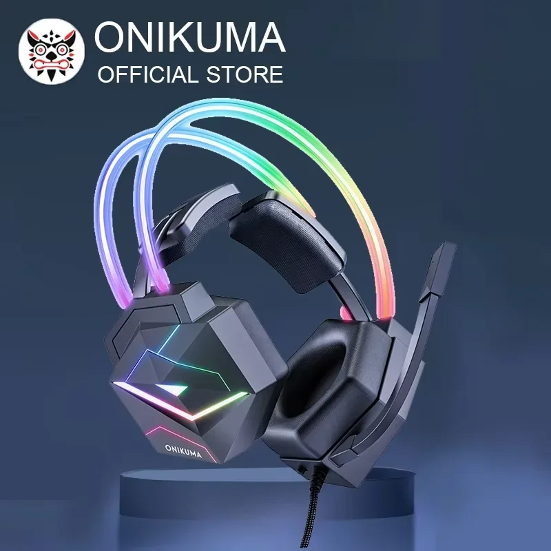 ONIKUMA Professional Gaming Headset with RGB Dynamic Lighting Wired Over-Ear Headphones with Noise-Canceling Mic Stereo Earphone