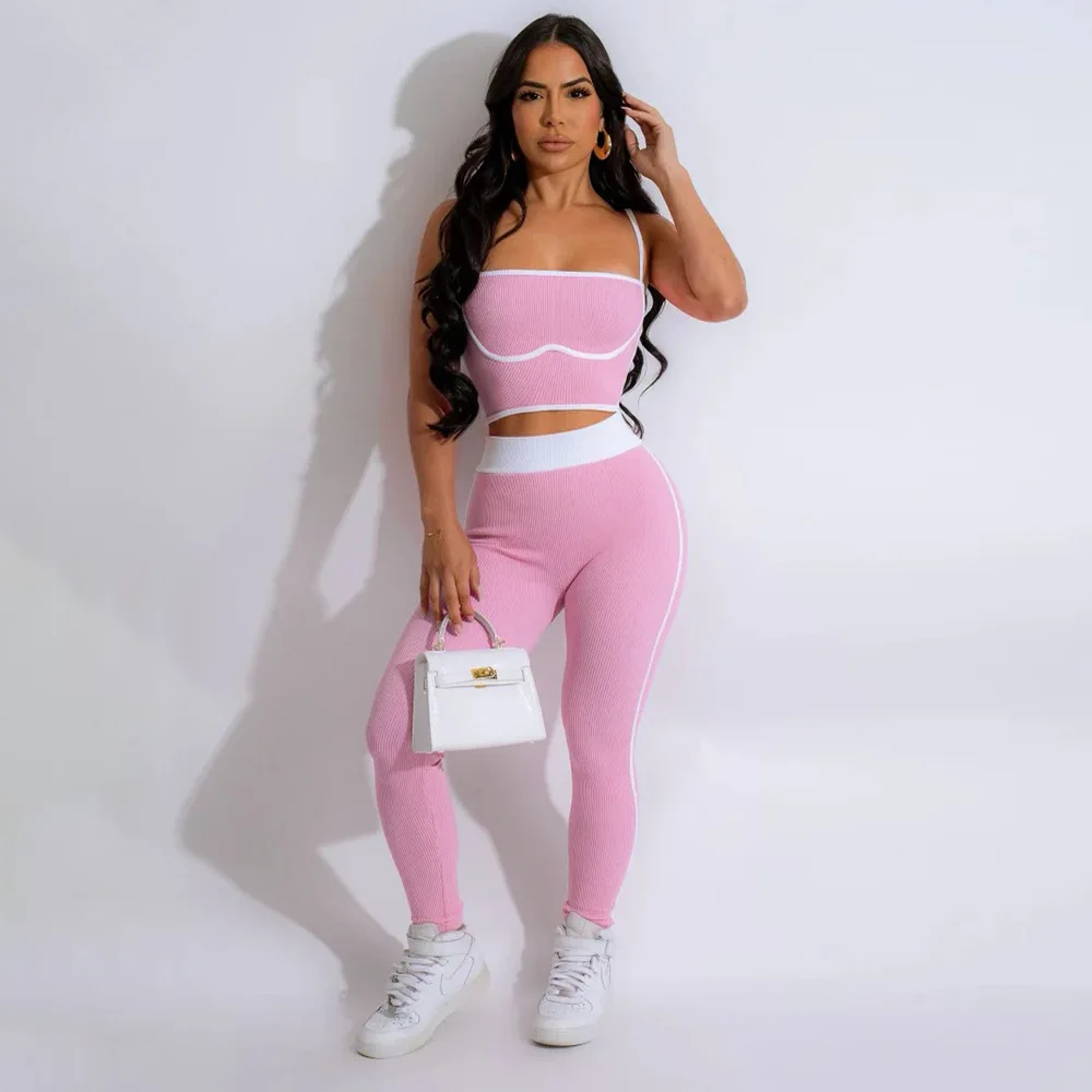 

Women Elegant Solid Color Summer Sexy Two Piece Pant Sets Female Sexy Halter Short Tops 2 Piece Pant Sets Outfit