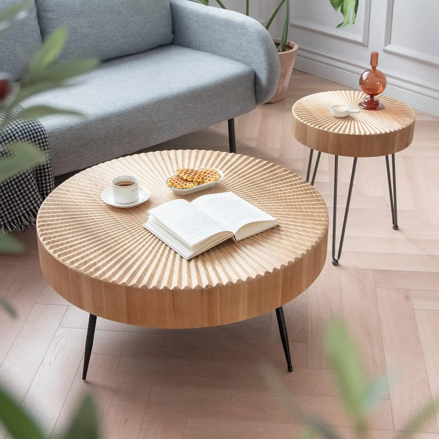 Conjunto de mesa de centro moderna para sala de estar, 2 peças, mesa de aninhamento, acabamento natural redondo com padrão radial de madeira artesanal