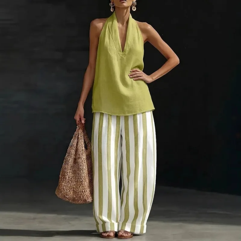 Vintage Casual Linen Blend 2 Piece Set Halter Neck Sleeveless Tank Top Striped Wide Leg Trousers Summer Beach Outfit Sportswear