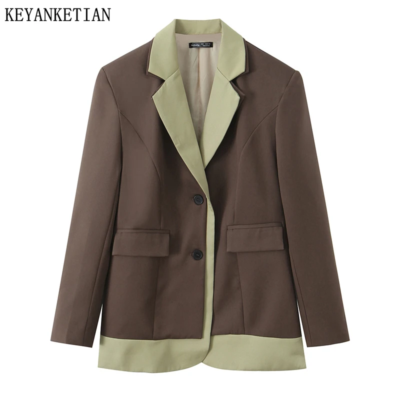 

Женский пиджак KEYANKETIAN 2026, весенняя новинка, в стиле ретро, с контрастными вставками, однобортный, с накладными карманами, двойной воротник, имитация верхней одежды