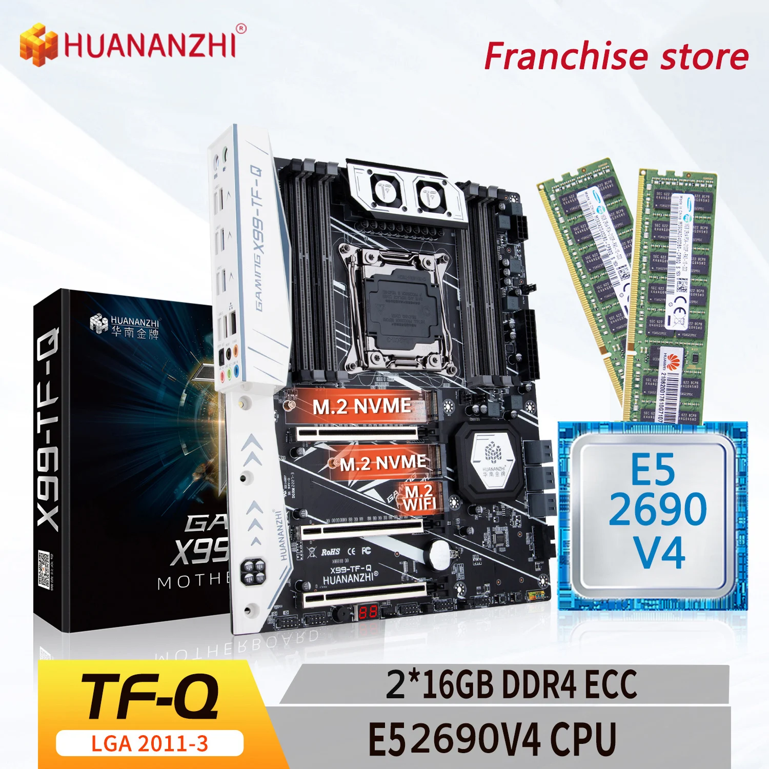 HUANANZHI-placa base X99 TF Q LGA 2011-3 XEON X99 con Intel E5 2690V4 con 2x16G DDR4 RECC, kit combinado de memoria NVME