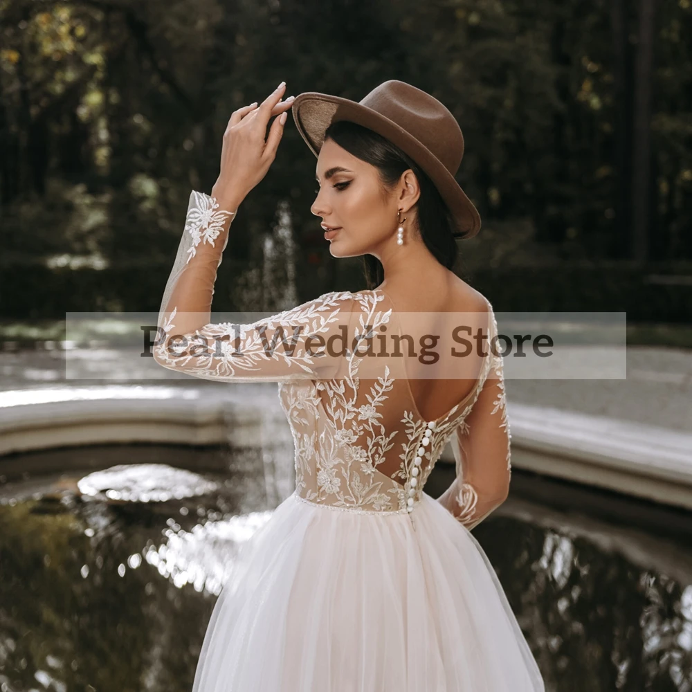 Vestidos de novia elegantes con apliques de cuello redondo, tul de alta calidad, línea A, largo hasta el suelo, vestidos de novia para boda en la playa