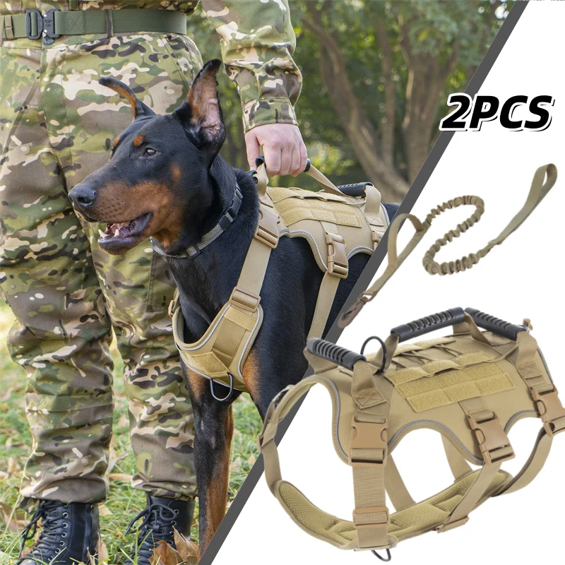 2PCS Tactical Dog Vest Harness with Bungee Leash, No Pull Service Dog Harness for Large Medium Dogs Outdoor Training
