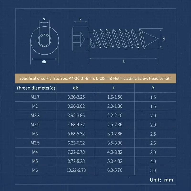 스테인리스 스틸 육각 소켓 알렌 컵 헤드 셀프 태핑 나무 나사 볼트, M1.7 M2 M2.3 M2.5 M3 M3.5 M4 M5 M6 M8 304