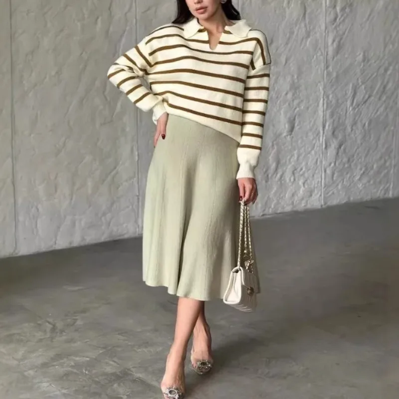 

Fall-Winter 2025 Striped Polo Neck Women's Knitwear Loose Long-sleeved Sweater Temperament Lapel Pullover