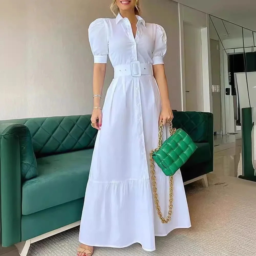 New European and American style commuter long short sleeve swing dress with belt