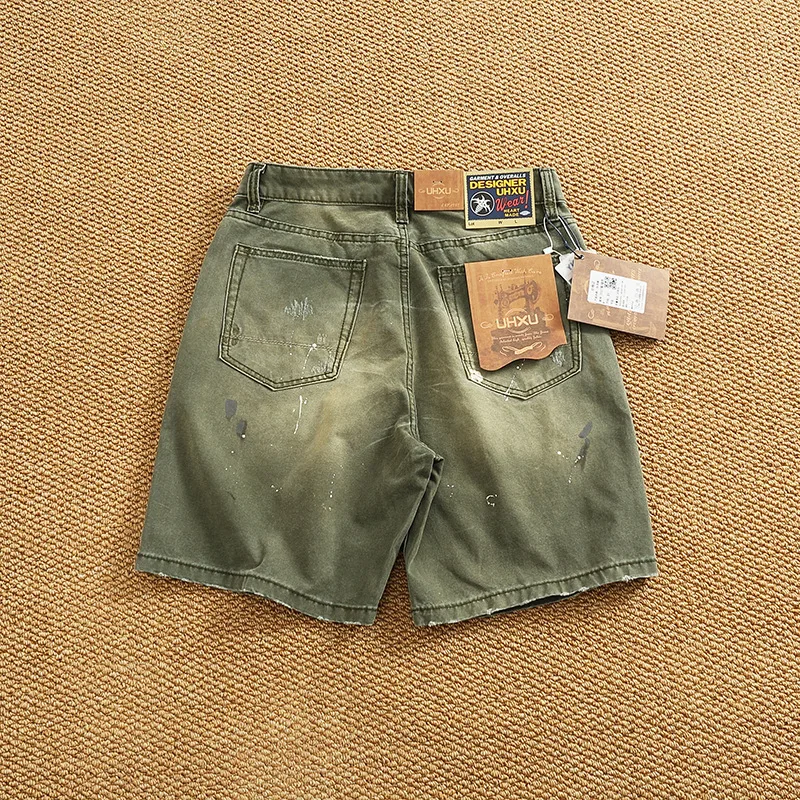 

Old washed denim shorts for men, loose straight leg, nostalgic washed, durable workwear, casual five quarter pants