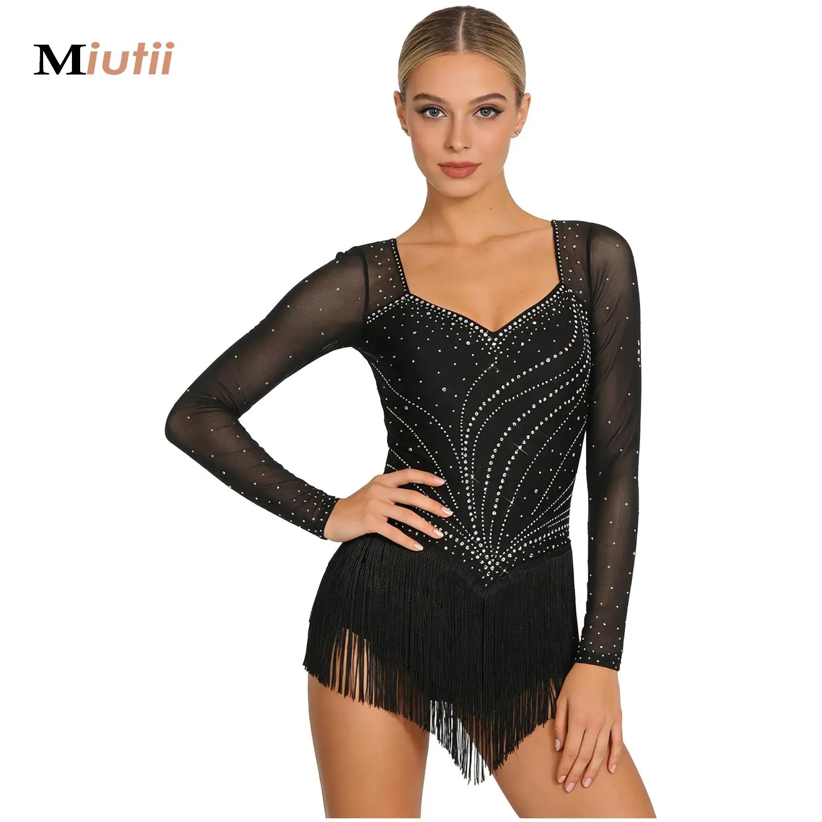 

Women Latin Dance Leotard Sleeveless Shiny Rhinestones Tassel Hem Leotard for Performance Competition Figure Skating Jumpsuit