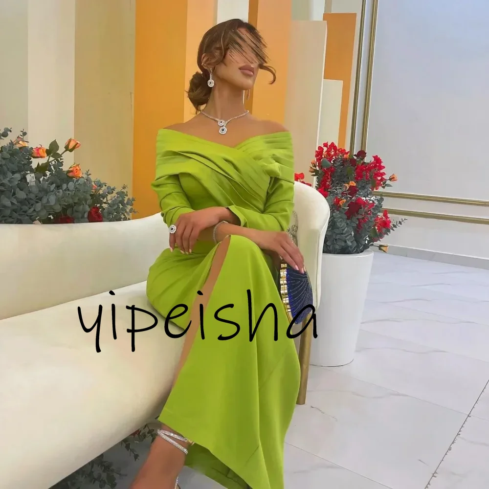 Customized  2024 Simple V-neck Wedding Party Dress Ruched Off The Shoulder Prom Dresses Three-Quarter Sleeves Buttons Slit Vesti