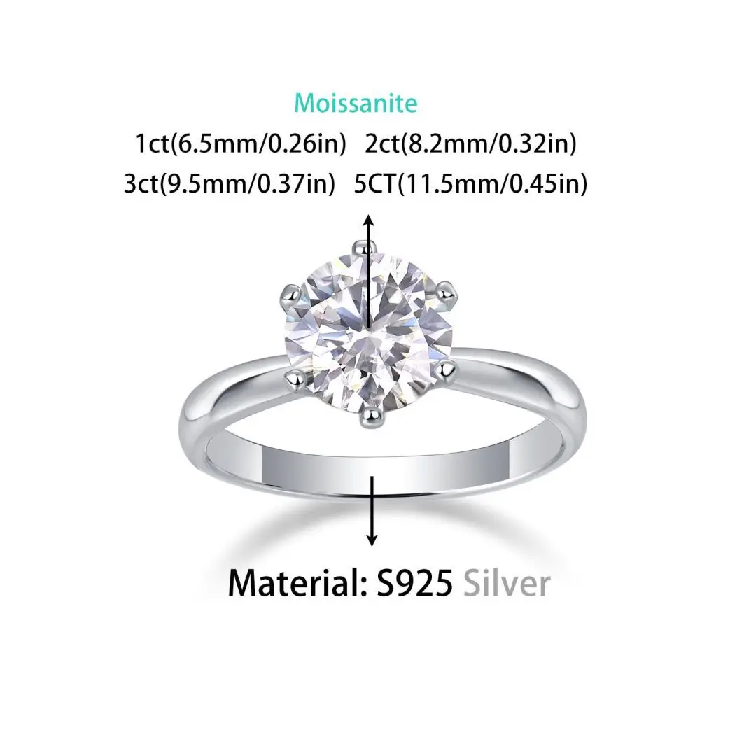 Solitaire 1/2/3/5ct Moissanite Diamond Ring 925 Sterling Silver Engagement Wedding Band Rings for Women Bridal Promise Jewelry