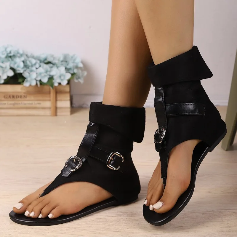 Sandalias tipo Tanga de nuevo estilo, sandalias planas tipo Tanga para vacaciones romanas de playa para mujer, botas altas versátiles para playa para mujer