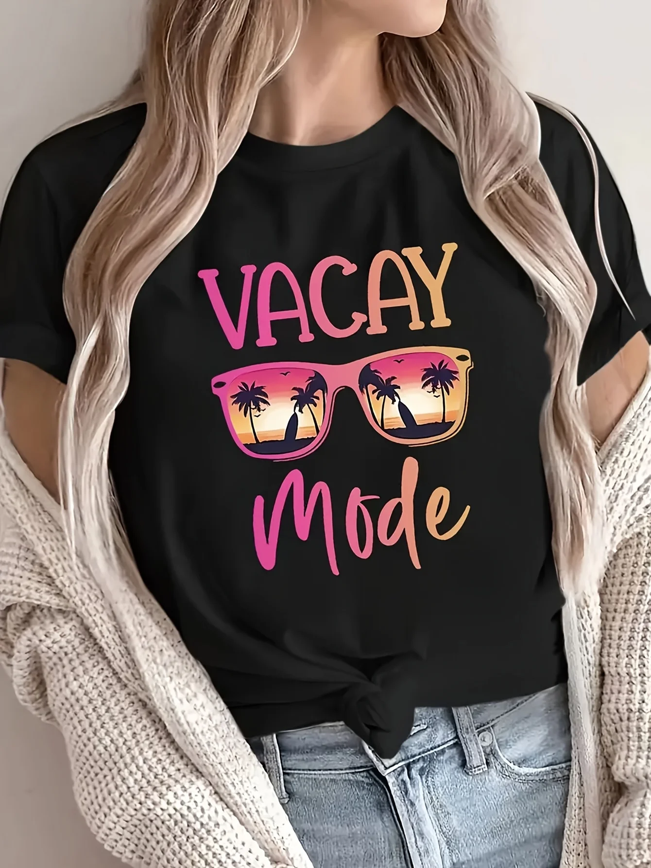 Lässiges Kurzarm-T-Shirt für Damen – weißer geometrischer Palmen- und modischer Brillendruck, atmungsaktives Rundhals-Top, maschinell