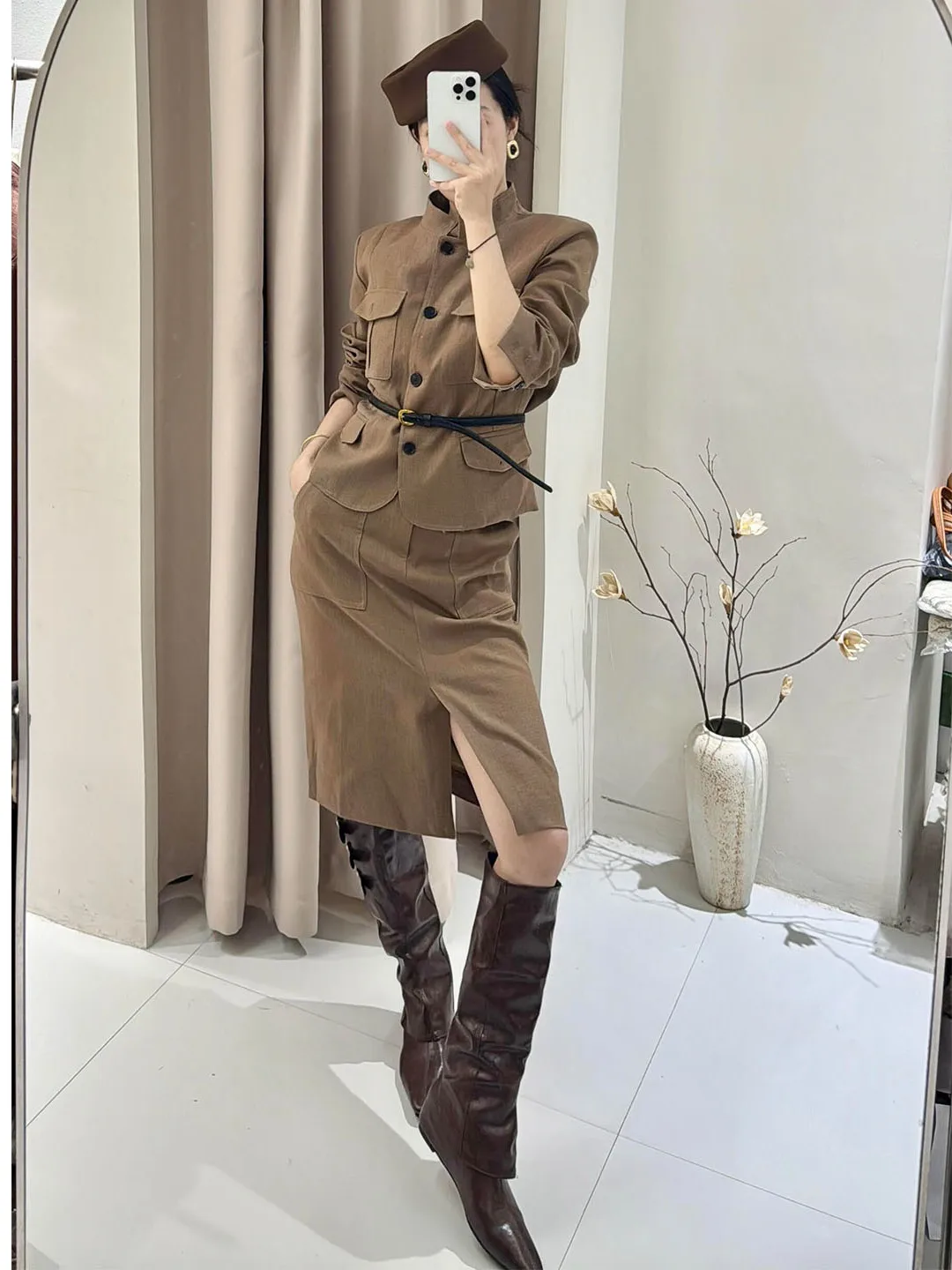 Ladies Linen Jacket And Skirt Set High Intelligence Sensation Simple Stand Collar Outerwear Mid-Length High Waist Half Skirt ...
