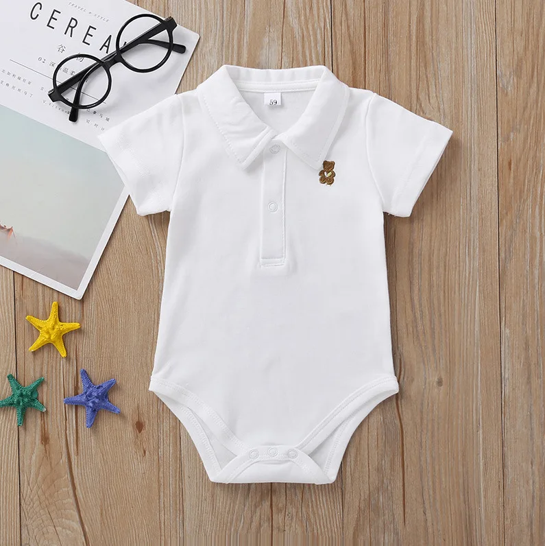 Somenie Pure Cotton Bear Embroidered Baby Polo Romper Lapel Open Front Infant Jumpsuit