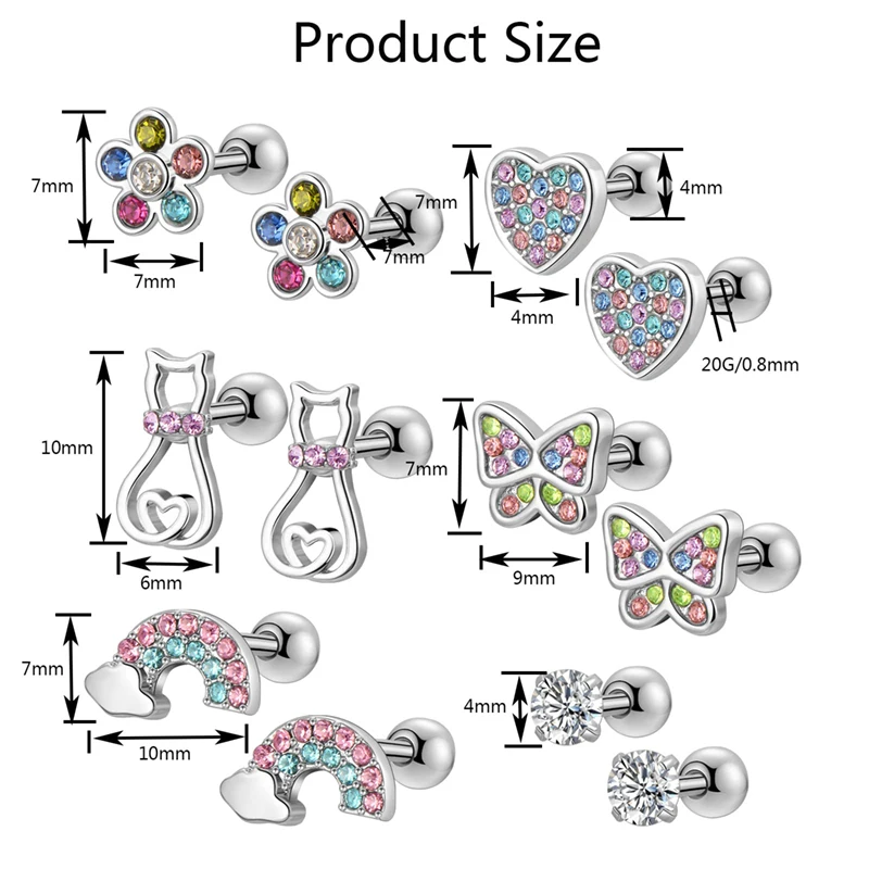 Boucles d'oreilles à vis en acier inoxydable SION L pour femme, 6 paires, serties de pierres carrées brillantes, peuvent être utilisées comme cadeaux d'anniversaire et de Noël