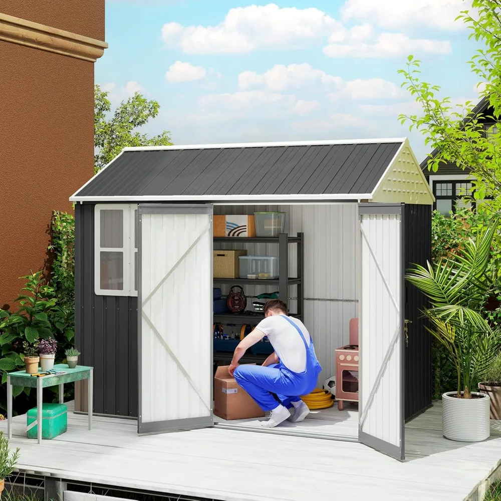 

8' x 6' Outdoor Storage Shed, Metal Garden Sheds w/Window & Double Lockable Door, Outdoor Tool Sheds Storage w/Sloped Roof,Shed