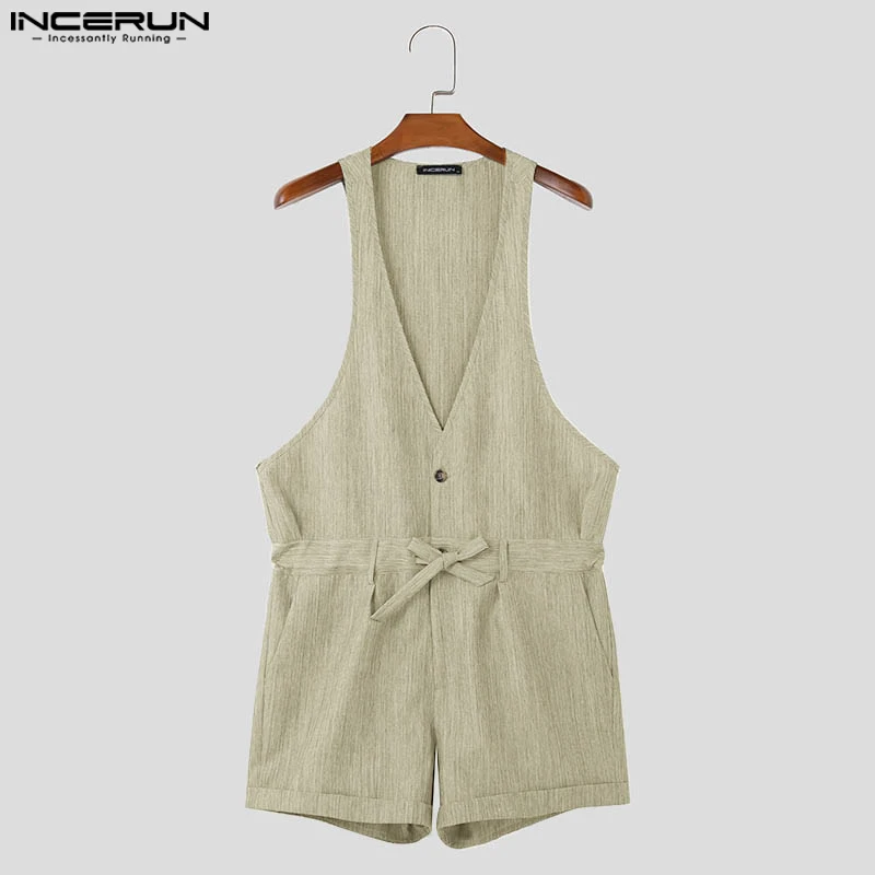 INCERUN Men Rompers Solid Color Shorts Sleeveless V Neck Button Casual Jumpsuits Summer 2024 Streetwear Fashion Playsuits S-5XL