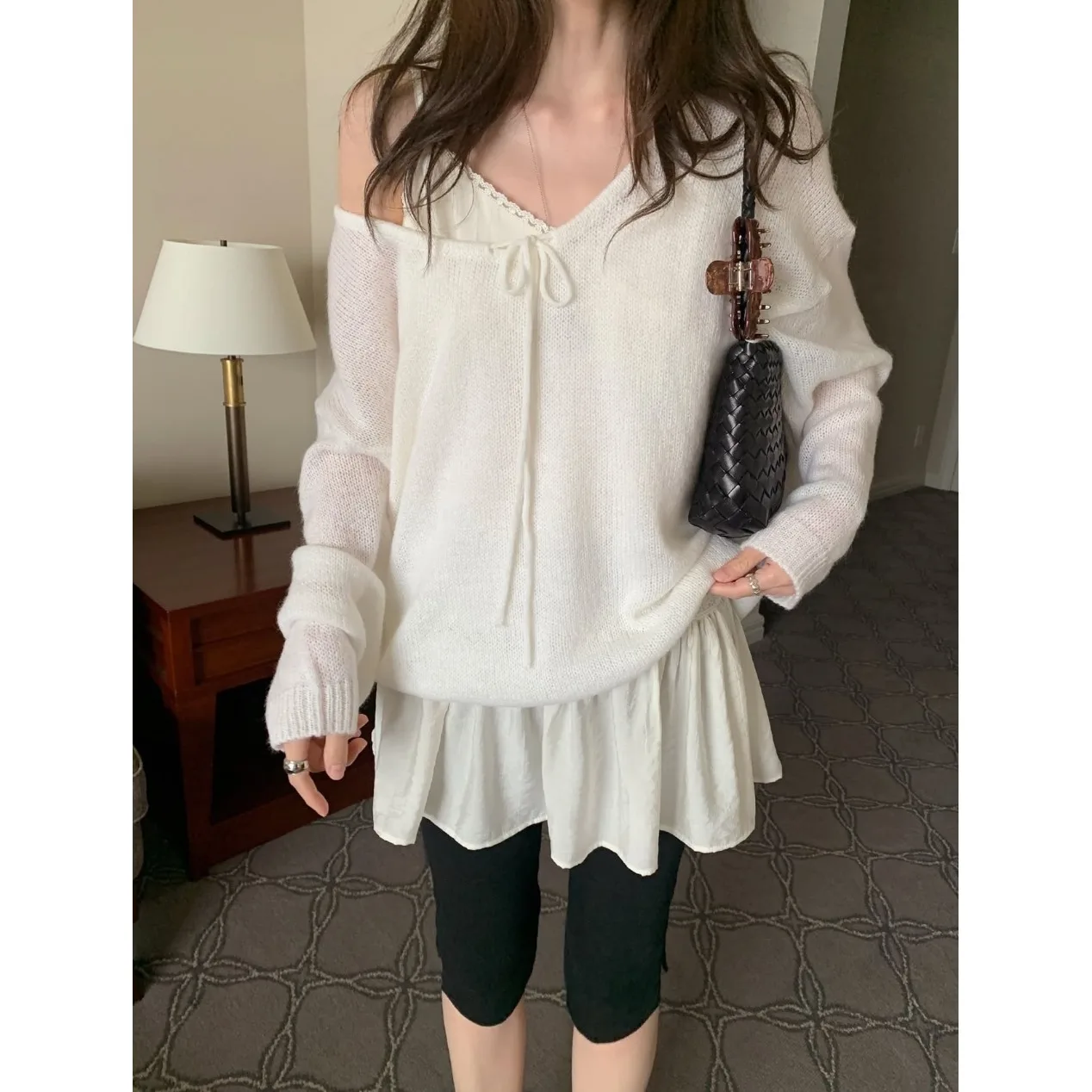 Soft Style Pure Color Knitted Sweater with Tie Neck Autumn Winter New Arrival Women's Casual Fashion Polyester Fiber Long Sleeve