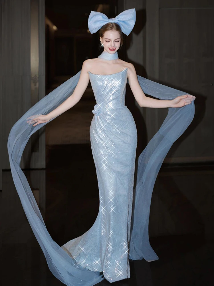 

Синее утреннее платье Ele Blue Morning Robe для помолвки и свадьбы, приталенное, с шлейфом, длинное платье подружки невесты для церемоний и торжеств