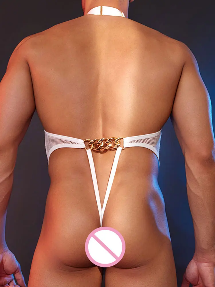 Maglia Halter Sheer Body da uomo Top Big U Bulge Pouch Collant sexy Scava fuori Backless Body erotico Uomo Perizoma Taglio Body