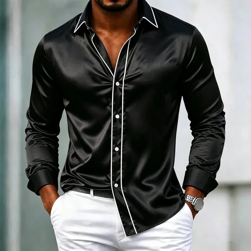 2026 new men's shirt white black border border contrasting color design, lapel button cardigan, business casual trend men's top