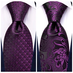 Hi-Tie Novelty Floral Purple Mens Elegant Necktie Handkerchief Cufflinks for Tuxedo Fashion Classic Silk Luxury Tie for Man