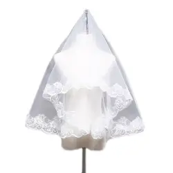 1-Tier White Wedding Veil Waist Length Short Bride Hair Accessoies Bridal Tulle without Comb and Cute Floral Lace Edge
