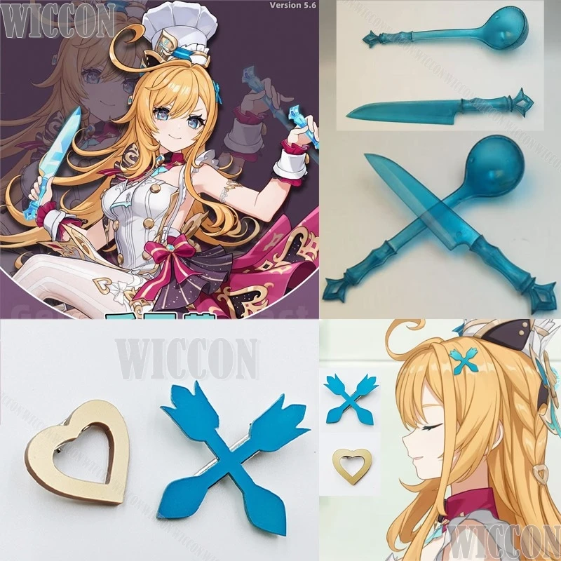

‌Escoffier Game Genshin Impact Cosplay Blue knife and fork Style Hairlip Gold Heart Clip Spoon Prop Girl Carnival Customized‌