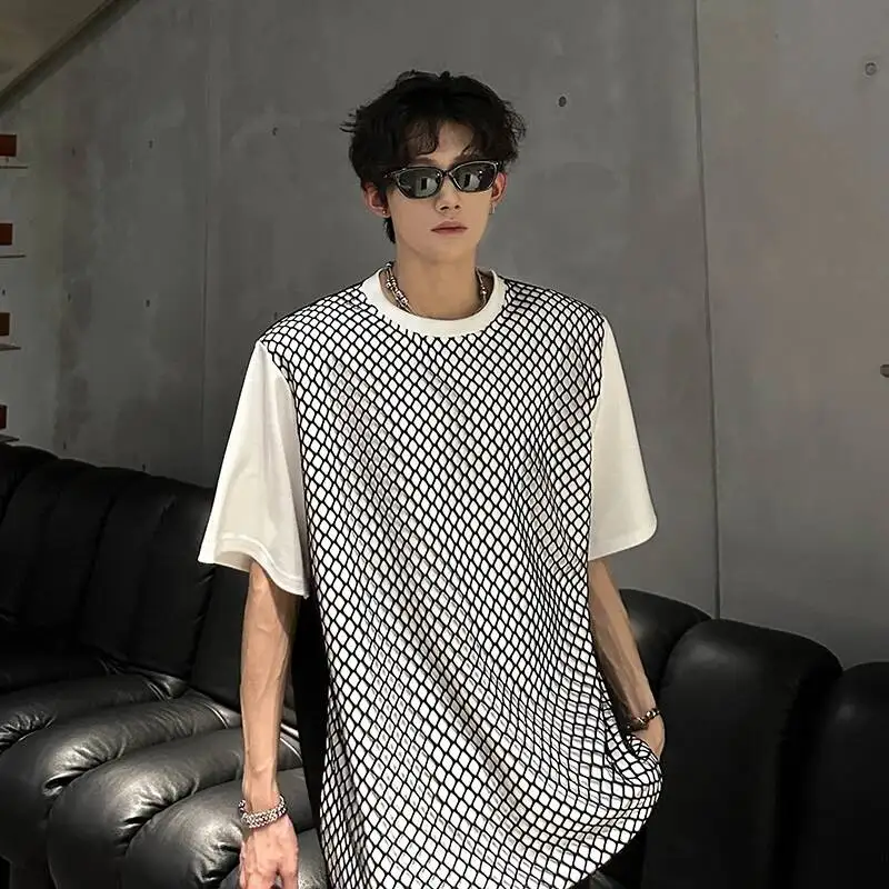 Mesh Streetwear Men's Panel T Shirt Fake Two Piece Oversized Fit Short Sleeve Casual Sporty Premium Cotton Tee JOV1