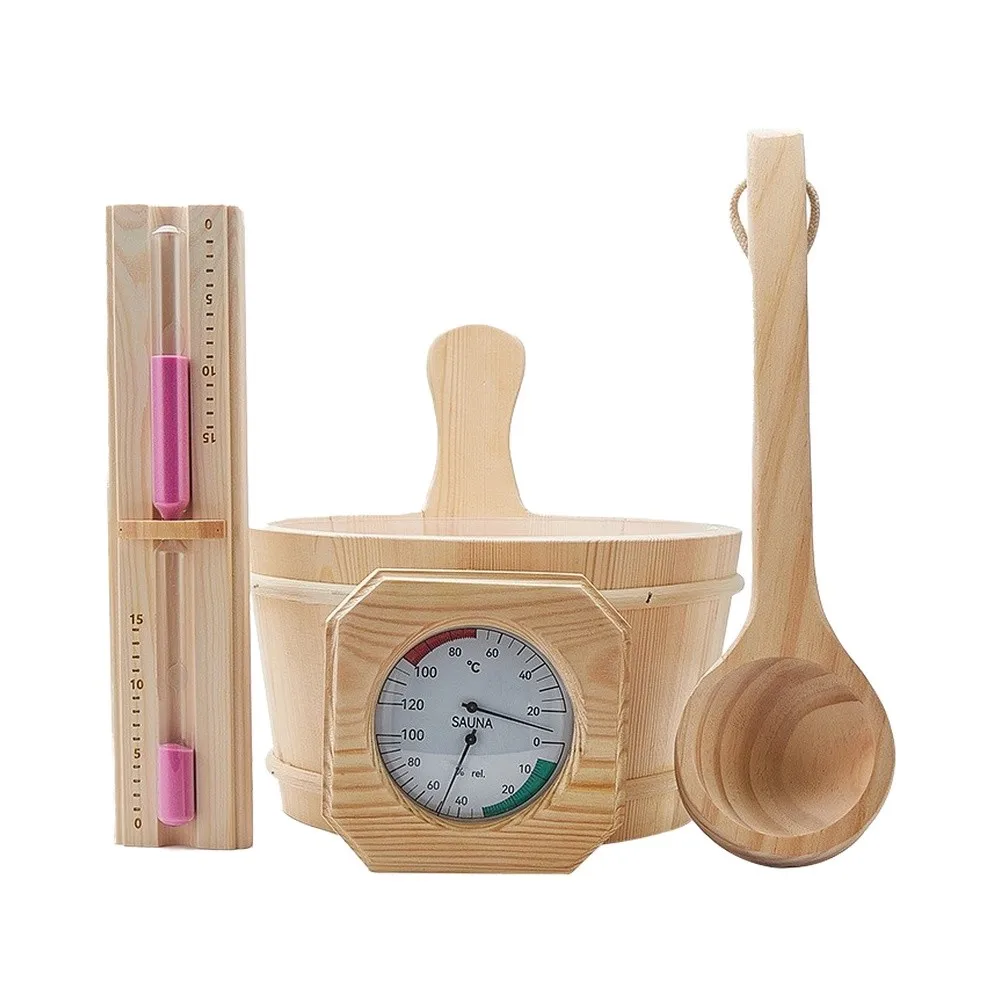 Sauna Accessory Set Made of Solid Pine Wood Featuring 4L Bucket Spoon Thermometer Hygrometer and Hourglass Timer for Daily Use