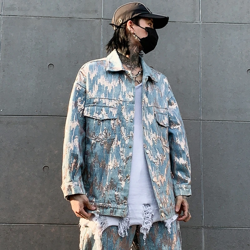 Sequins Denim Jacket for Men Japanese Fashion Trends Harajuku Streetwear Tops Teenage High Street Jeans Coat Punk Casual Clothes