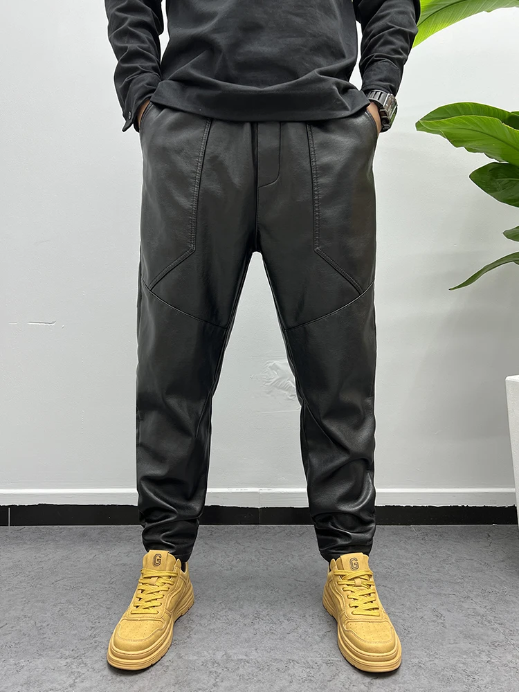 

Утепленные мотоциклетные брюки Slim Fit на флисовой подкладке, зимние повседневные длинные брюки для мужчин среднего возраста, черные кожаные брюки