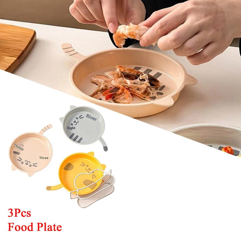 3Pcs Cute Cat Pattern Plastic Dessert Snack Food Plate Reusable Spit Bone Dish Microwave Dishwasher Safe Kitchen Tableware