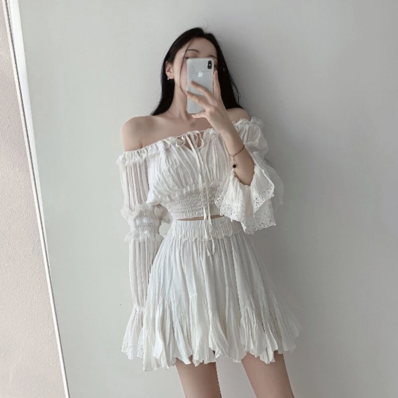 Flare Sleeve Slack Neck Shirts+Ruffle Skirt Vacation Summer 2 Piece Set Fashion Solid T-shirts And Pleat A-line Short Skirts Set
