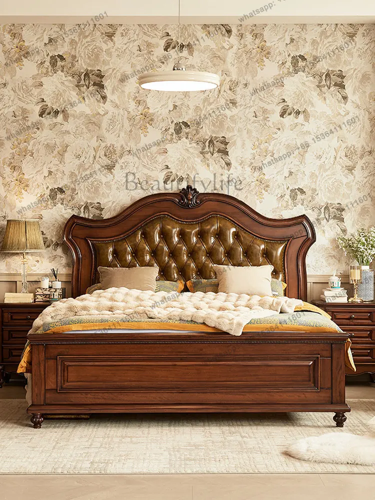 American neoclassical golden silk teak all solid wood double cowhide soft bed