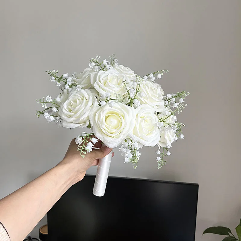 Bouquet de Mariée Blanc Ivoire, Accessoires de Mariage, Fleurs Poubelles Artificielles, Boutonnière du Marié, Demoiselles d'Honneur, Patients