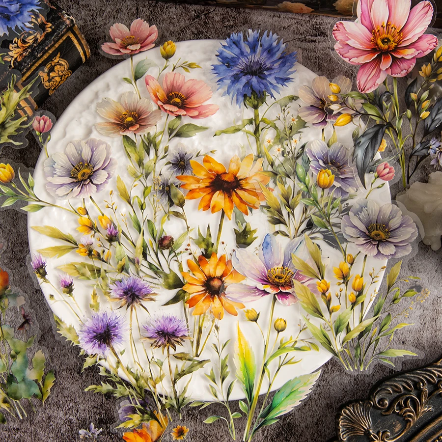 قطعتان من ملصقات الزهور المختلطة الألوان، مصنوعة من مادة PET المقاومة للماء، مناسبة لتزيين القرطاسية والمذكرات وسجلات القصاصات وما إلى ذلك