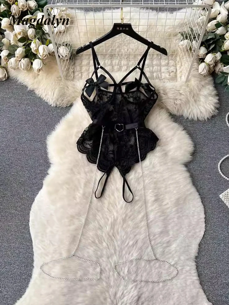 

Magdalyn Women Lace Bow Bodysuits Erotic Lingerie Sexy Hot Strappy Romper Role-playing Uniform Crotchless Pajamas Sheer Catsuits